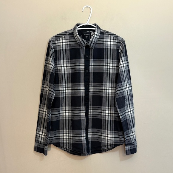 GUESS Men's Black & White Plaid Slim Fit Shirt - Picture 1 of 14
